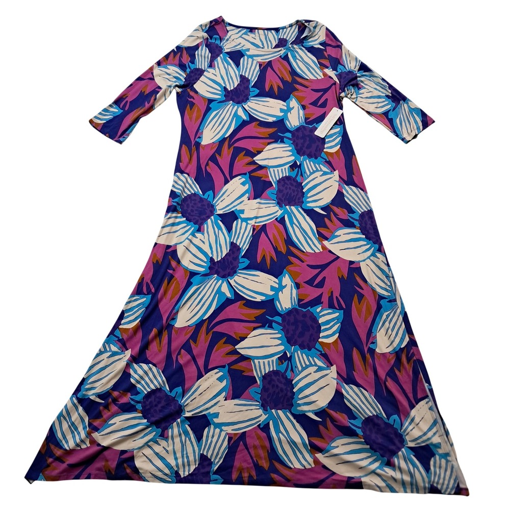 NWT Soft Surroundings Serena Maxi Dress Womens 1X Blue Floral 3/4 Sleeve Casual